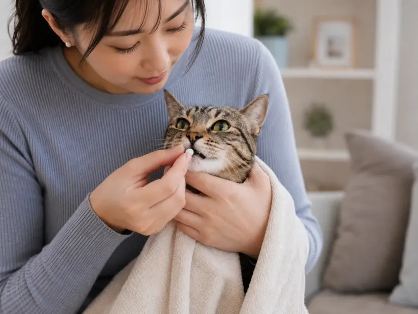 自宅で猫に薬を飲ませる飼い主